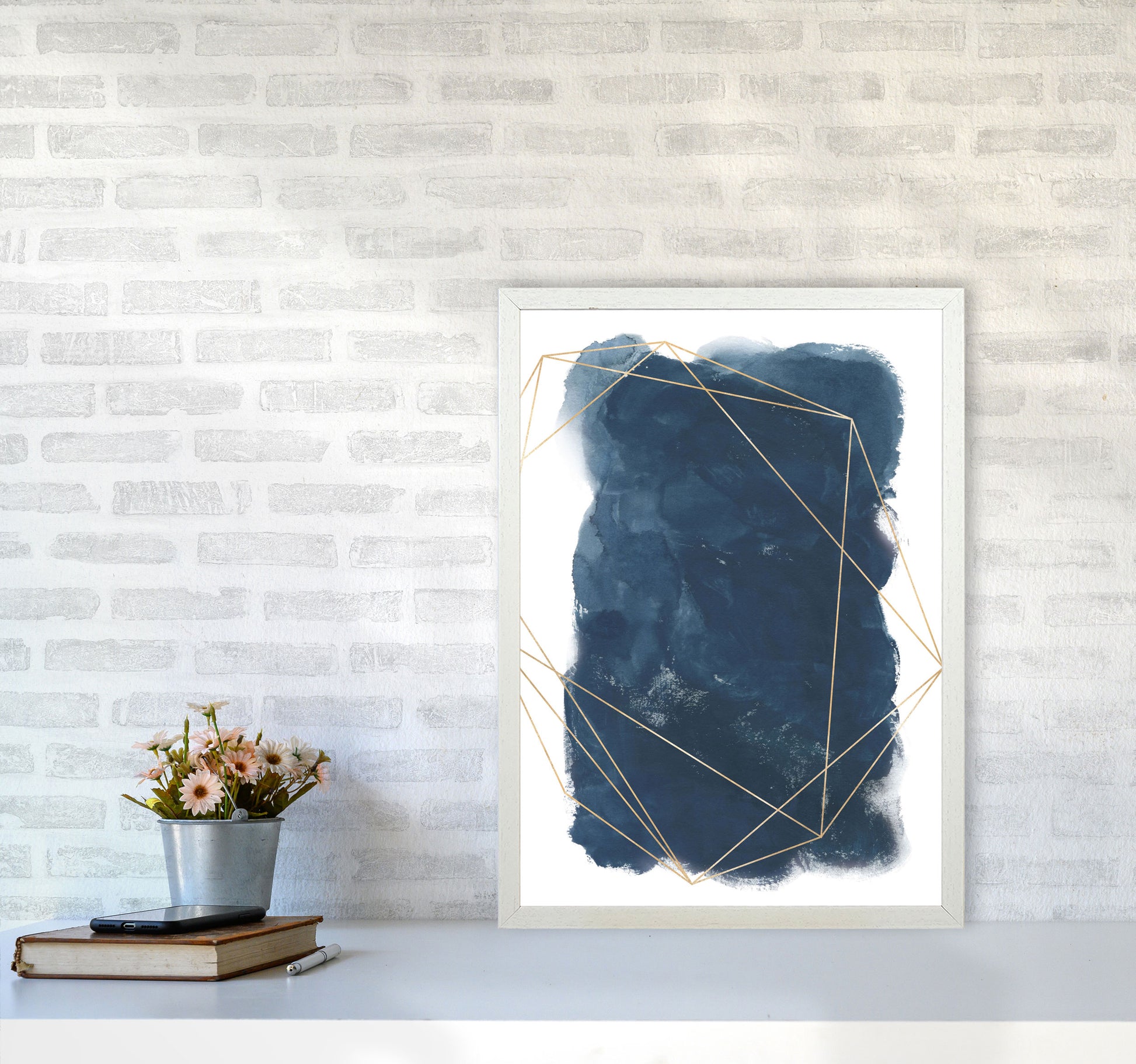 Aztec Navy Watercolour Art Print by Pixy Paper A2 Oak Frame