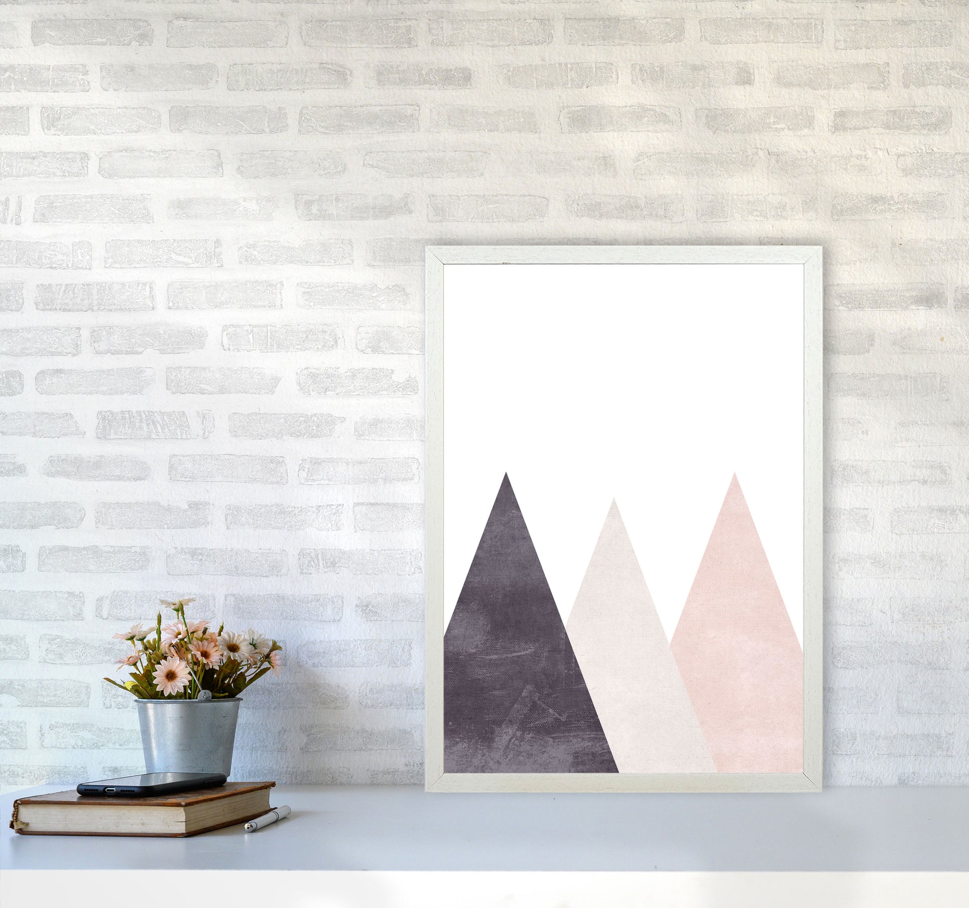 Mountains pink cotton Art Print by Pixy Paper A2 Oak Frame