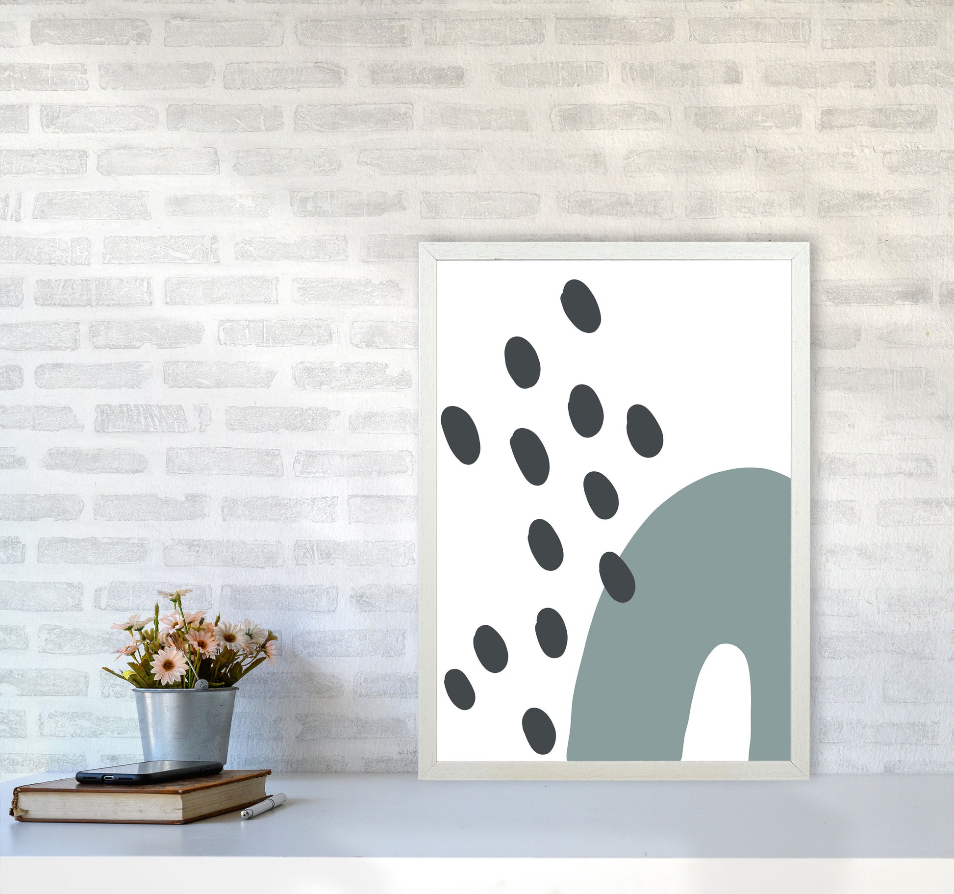 Inspired Teal Rainbow with Polka Art Print by Pixy Paper A2 Oak Frame