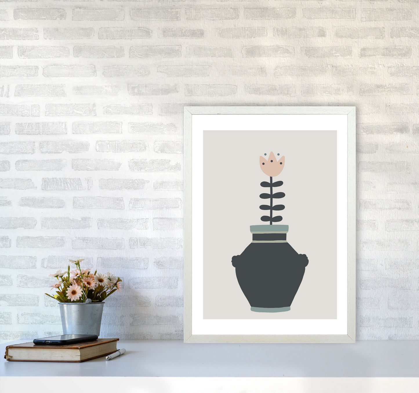 Inspired Plant Pot Stone Art Print by Pixy Paper A2 Oak Frame