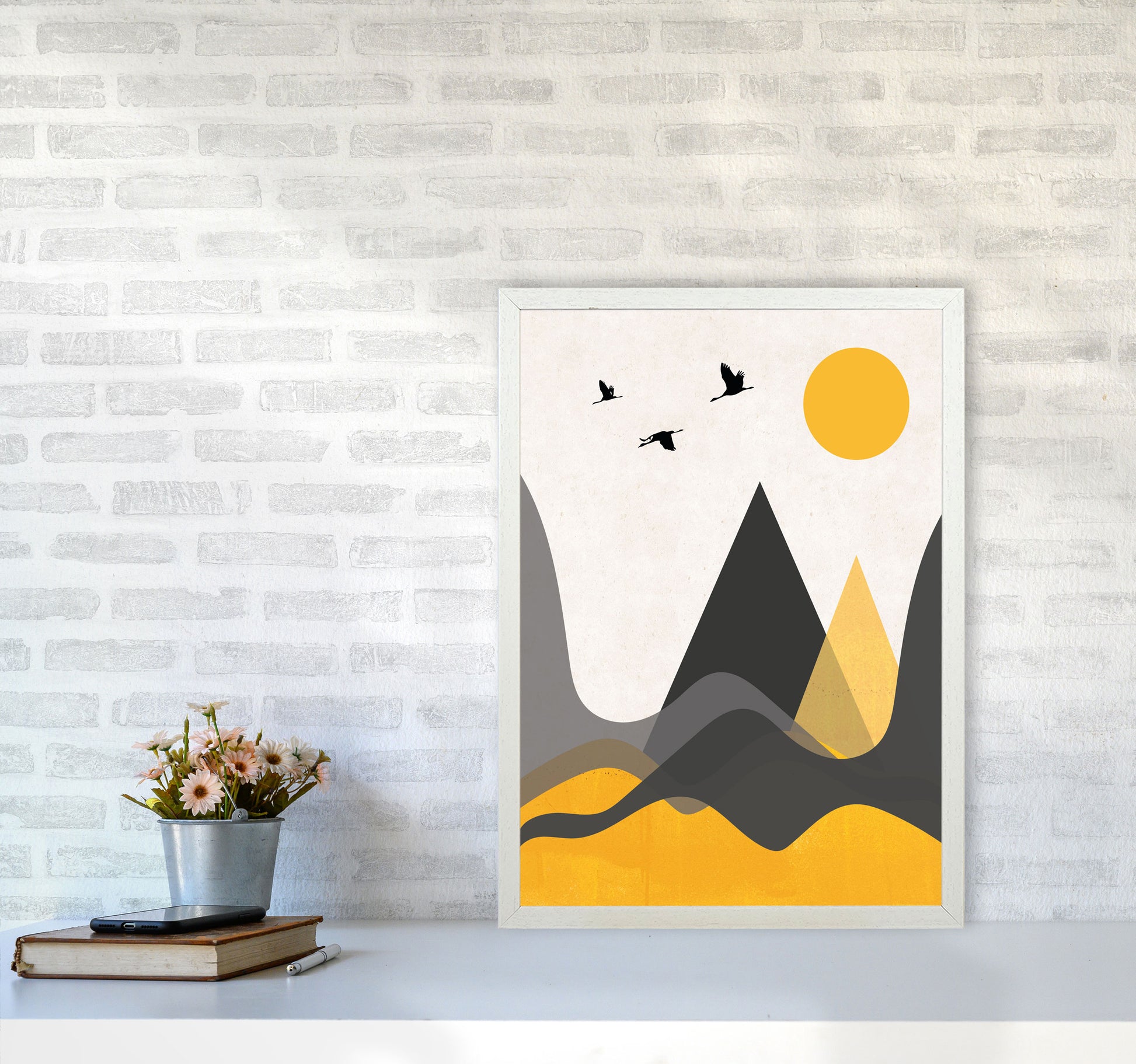 Hills and mountains mustard Art Print by Pixy Paper A2 Oak Frame