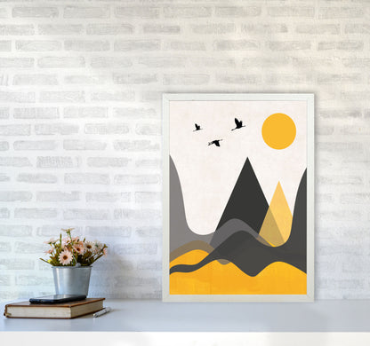 Hills and mountains mustard Art Print by Pixy Paper A2 Oak Frame