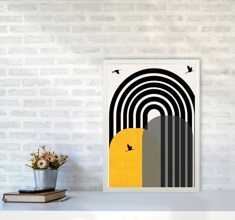 Giant rainbow with birds mustard Art Print by Pixy Paper A2 Oak Frame