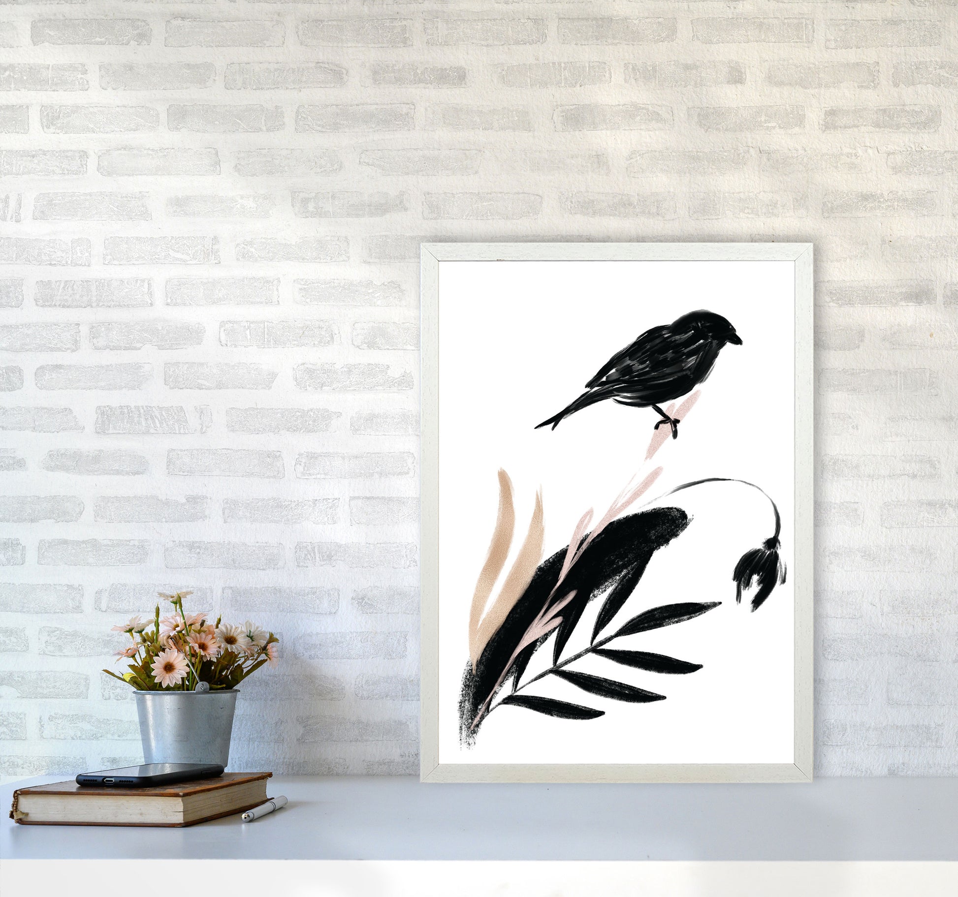 Delicate Floral Bird 04 Art Print by Pixy Paper A2 Oak Frame