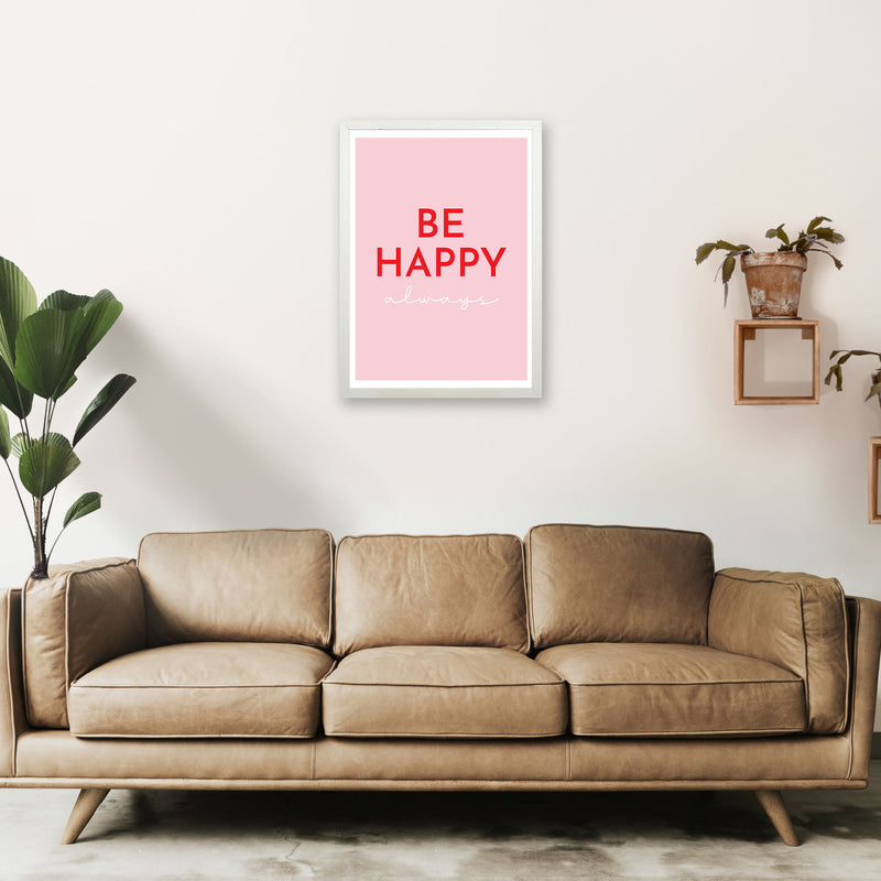 Be Happy Pink Art Print by Pixy Paper A2 Oak Frame
