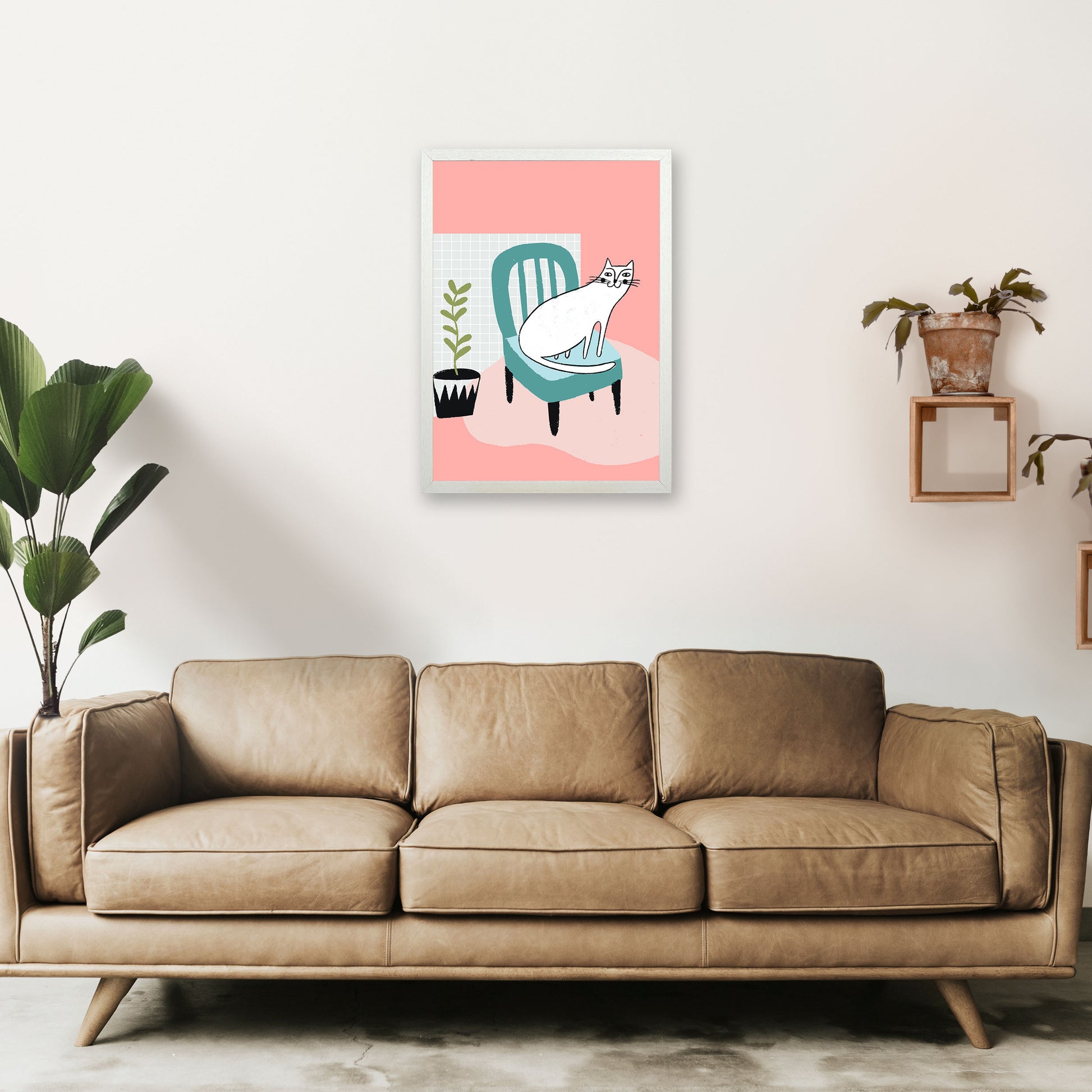 The Cat's Chair Art Print by Pixy Paper A2 Oak Frame