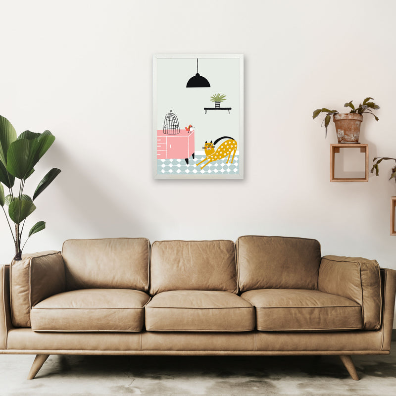 Cat and Bird Art Print by Pixy Paper A2 Oak Frame