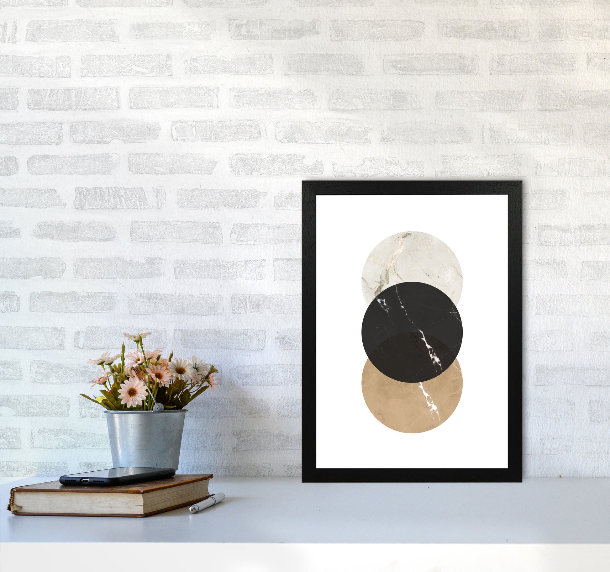 Gold, Beige And Black Marble Abstract Circles Modern Print A3 White Frame