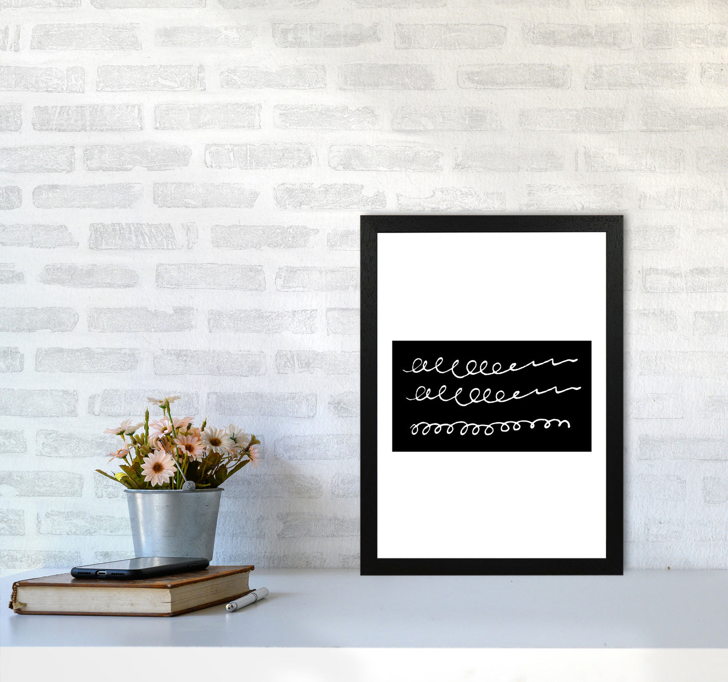 Black Rectangle Swirls Abstract Modern Print A3 White Frame