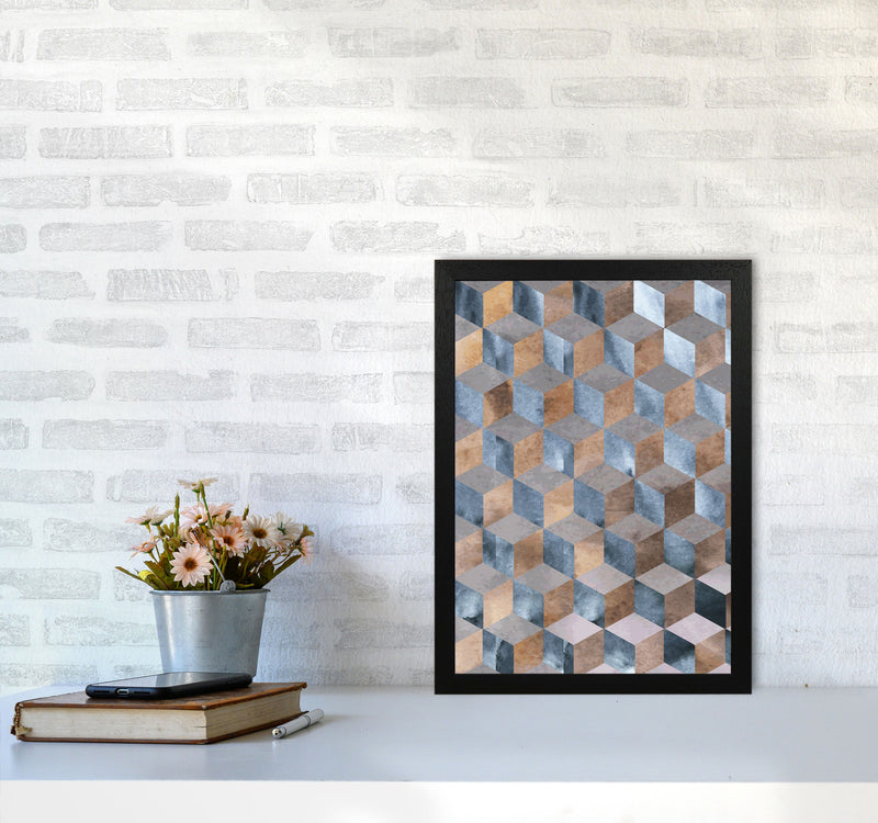 Blue, Grey And Brown Abstract Watercolour Box Modern Print A3 White Frame