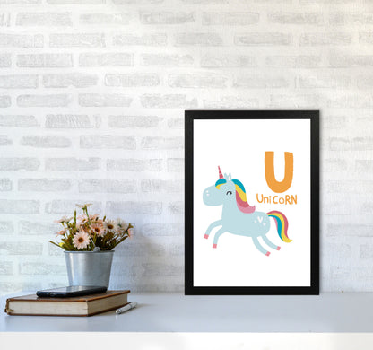 Alphabet Animals, U Is For Unicorn Framed Nursey Wall Art Print A3 White Frame