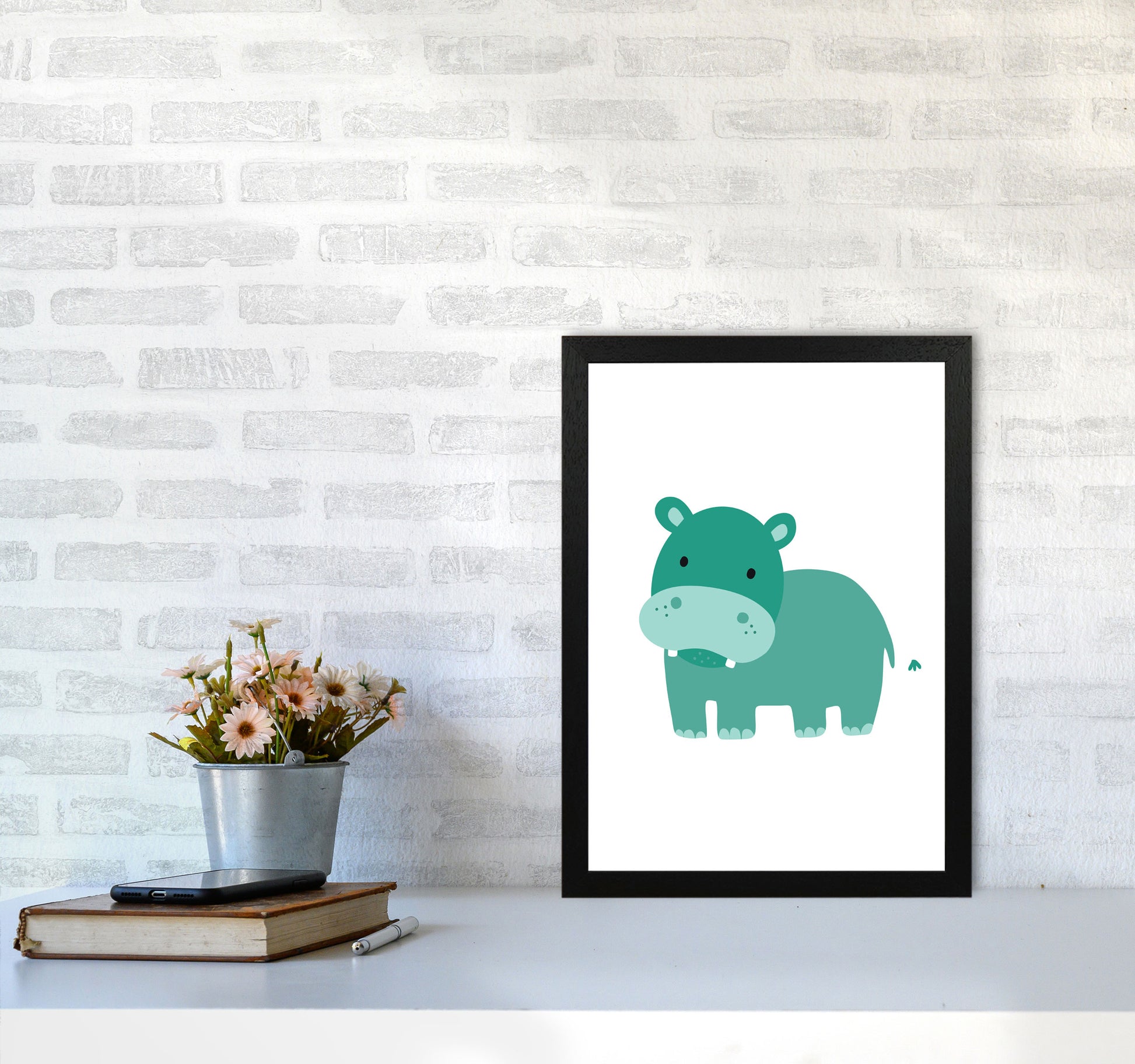 Children&#39;s Animals, Hippo Modern Print A3 White Frame