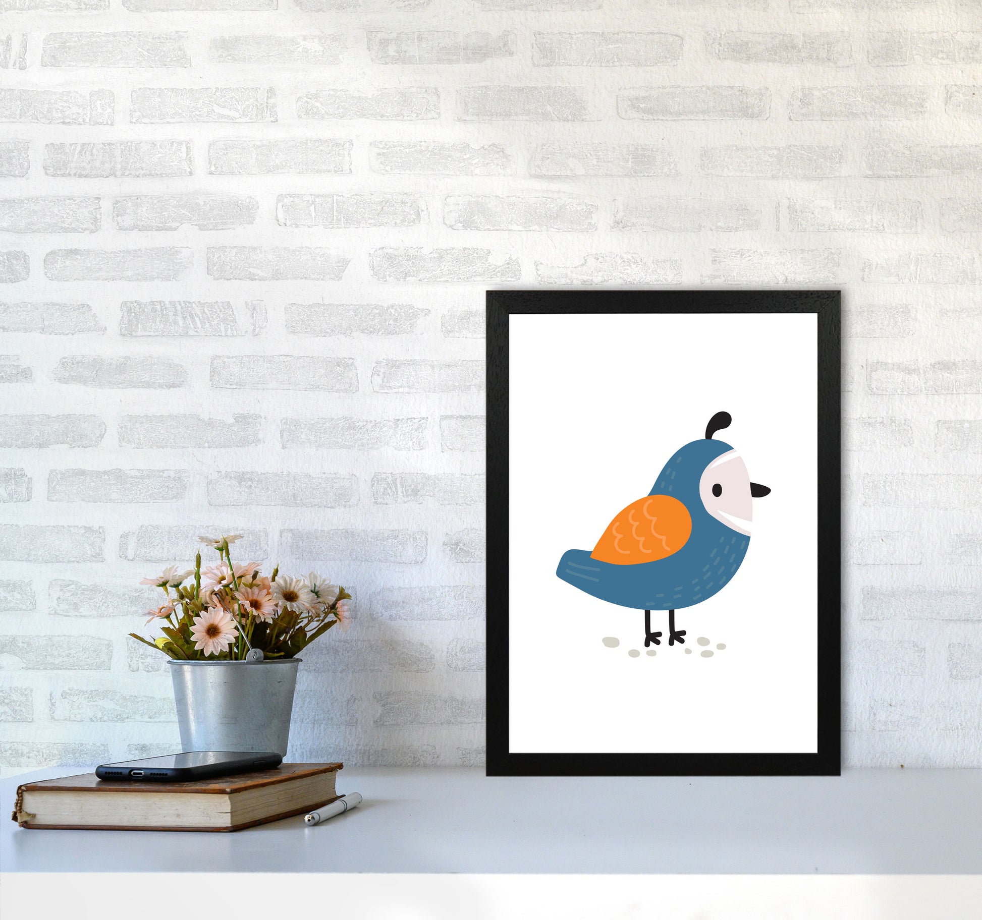 Children&#39;s Animals, Quail Modern Print A3 White Frame