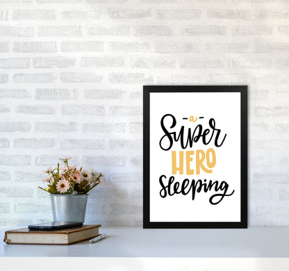 Superhero Sleeping Mustard And Black Framed Nursey Wall Art Print A3 White Frame