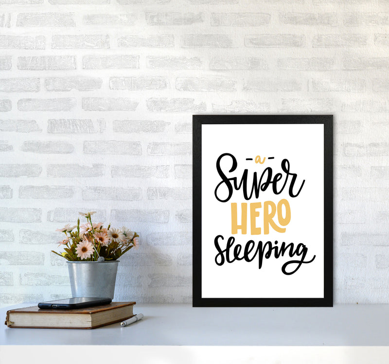 Superhero Sleeping Mustard And Black Framed Nursey Wall Art Print A3 White Frame