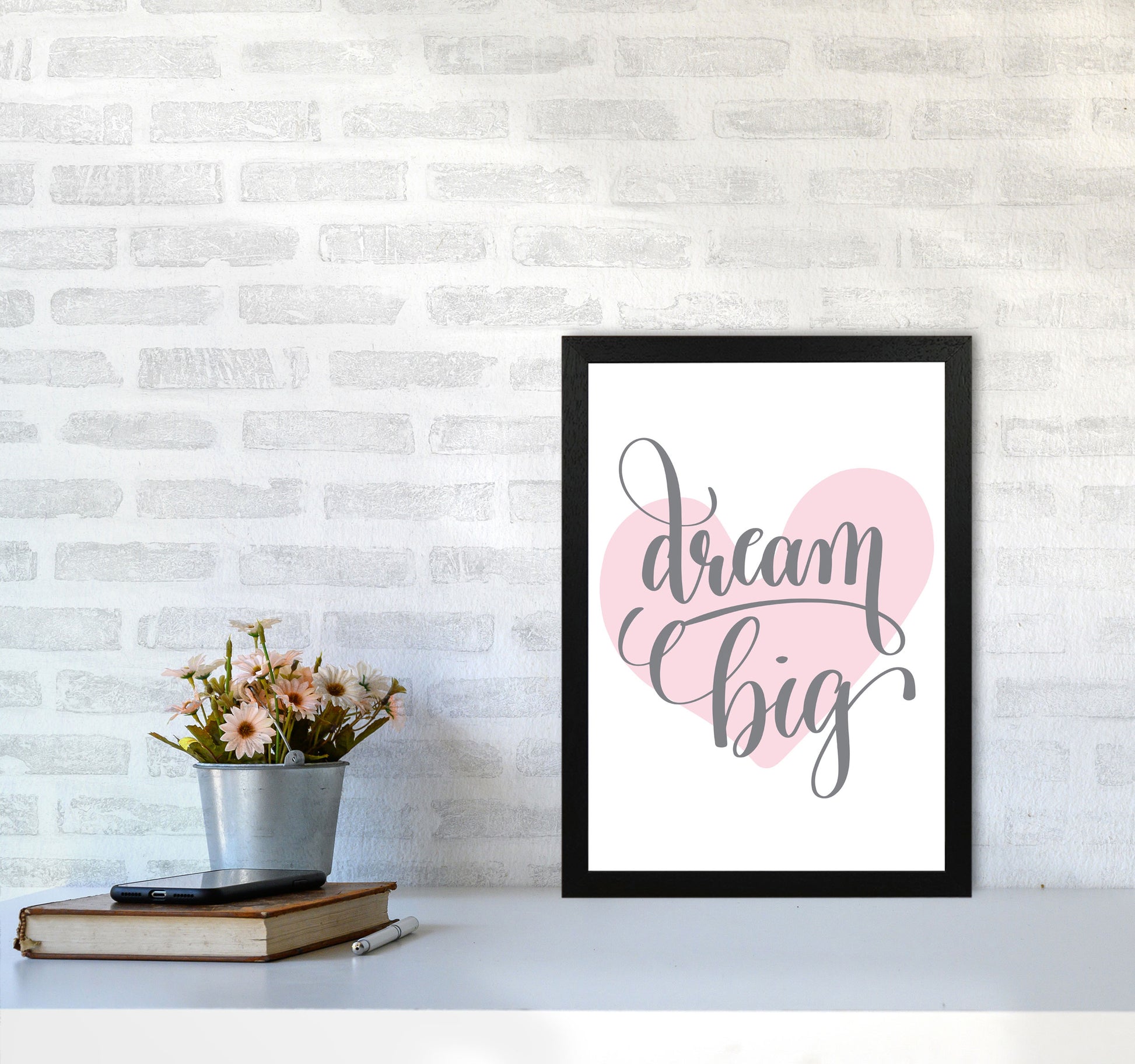Dream Big Pink Heart Framed Nursey Wall Art Print A3 White Frame