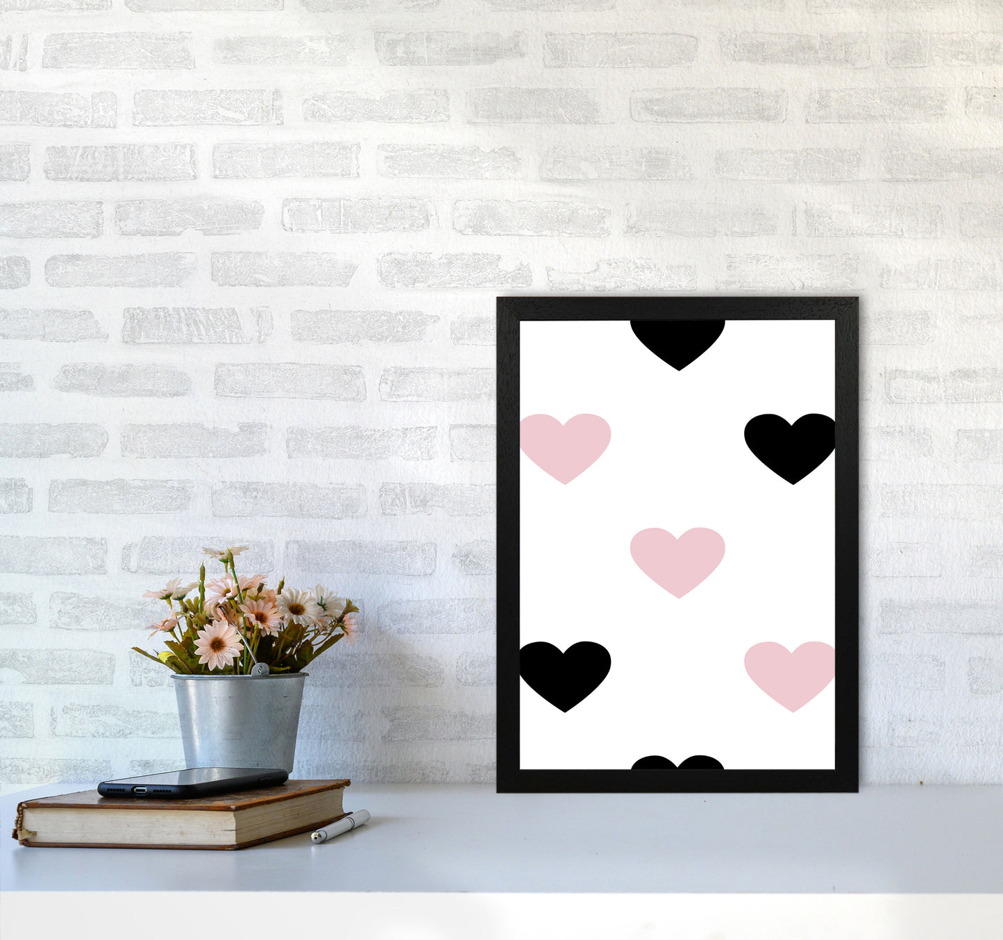 Pink And Black Hearts Modern Print A3 White Frame