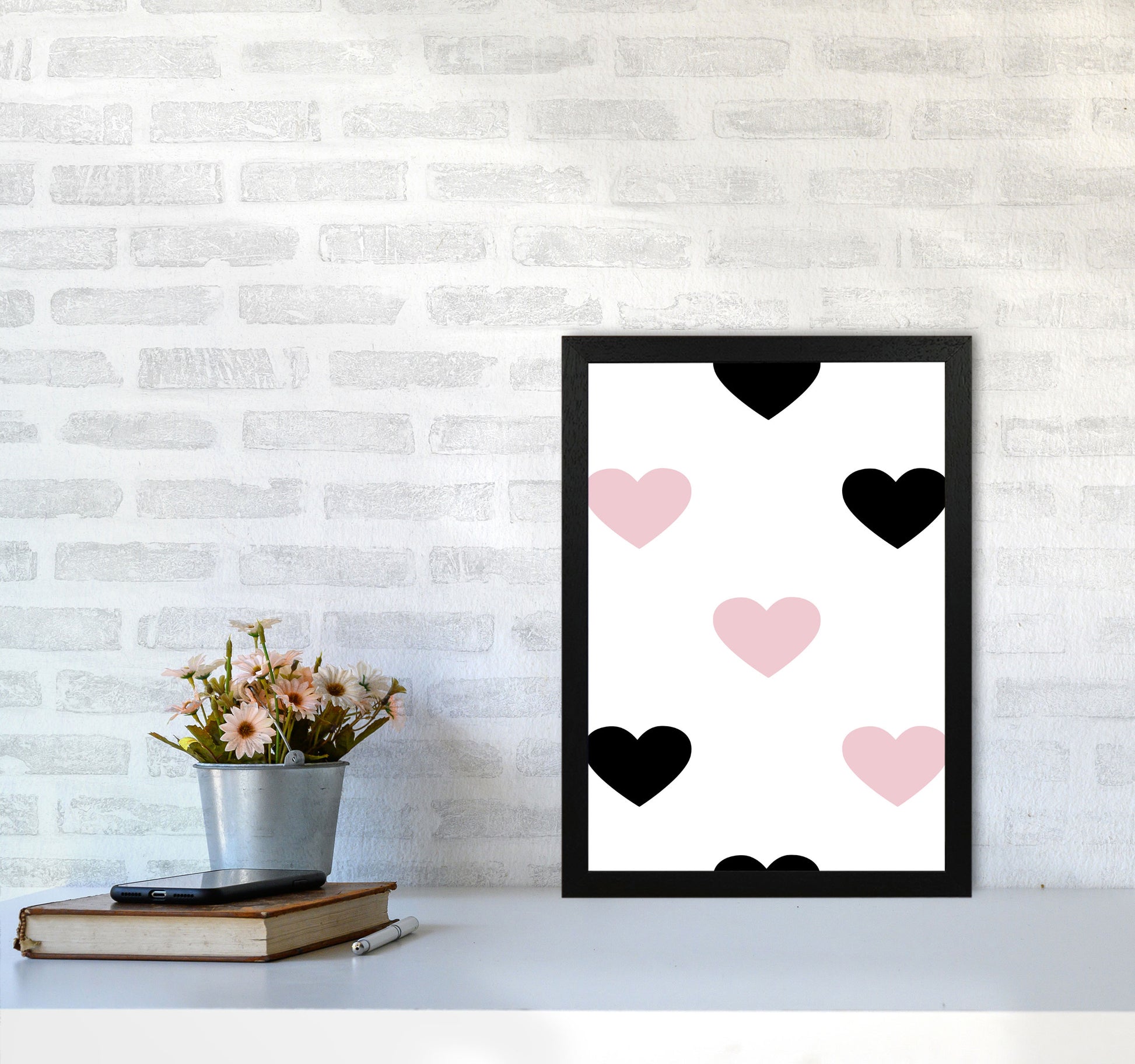 Pink And Black Hearts Modern Print A3 White Frame