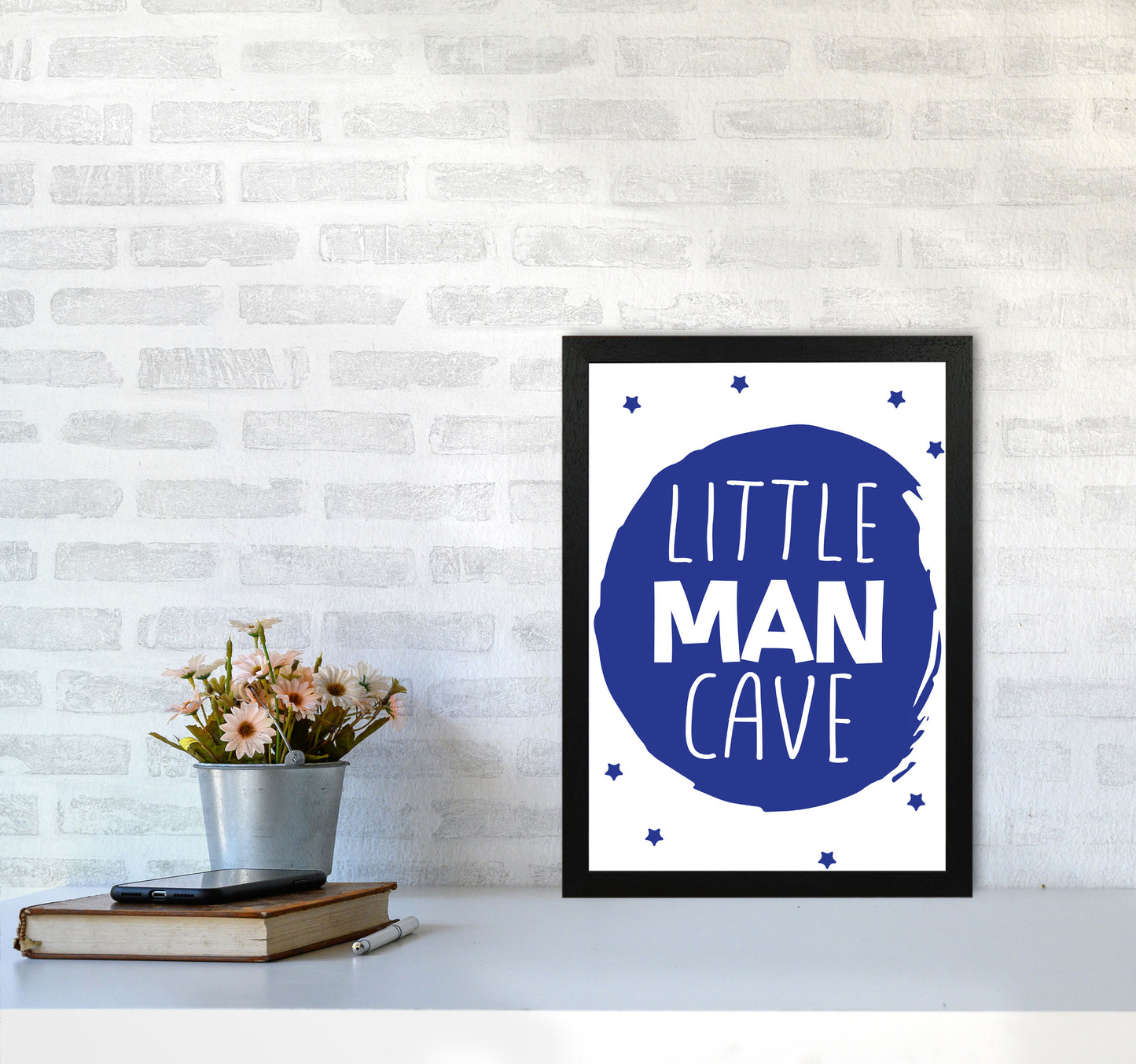 Little Man Cave Navy Circle Framed Nursey Wall Art Print A3 White Frame