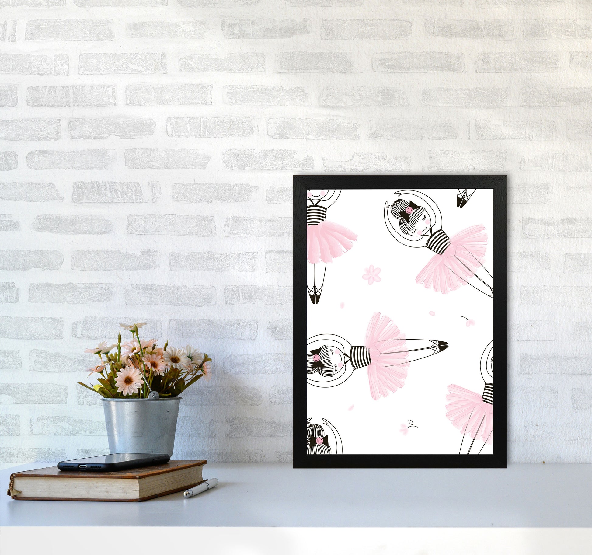 Ballerina Repeat Pattern Framed Nursey Wall Art Print A3 White Frame