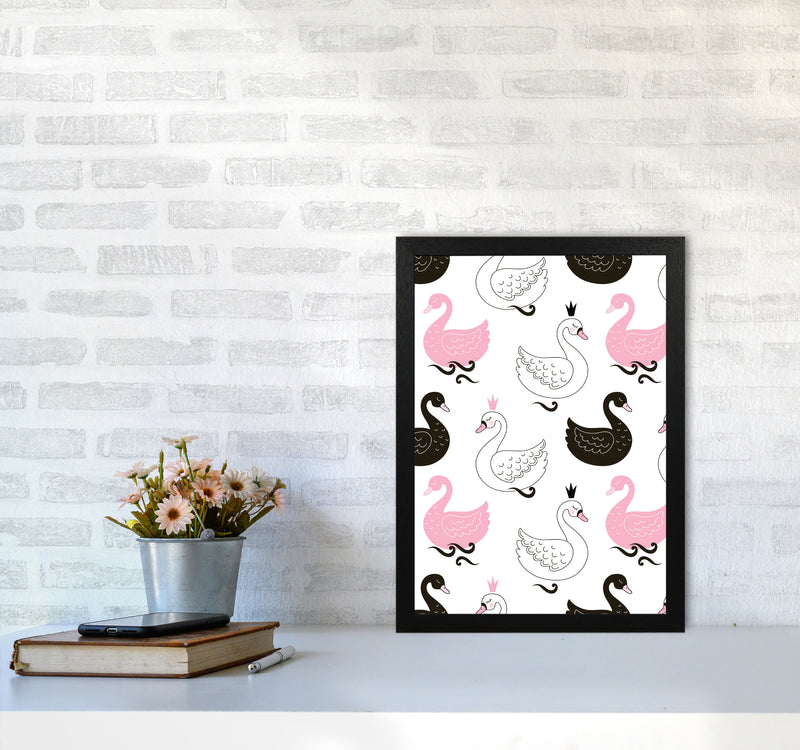 Pink Black And White Swan Pattern Modern Print Animal Art Print A3 White Frame