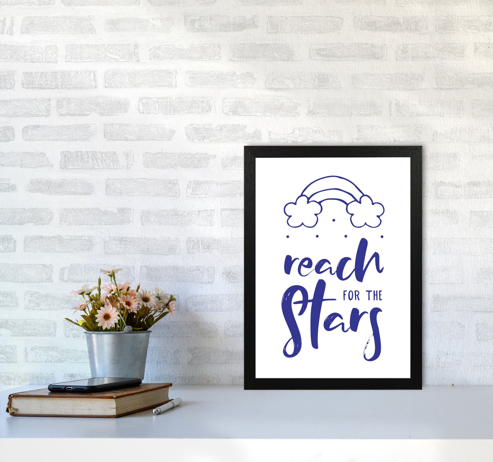 Reach For The Stars Navy Modern Print A3 White Frame
