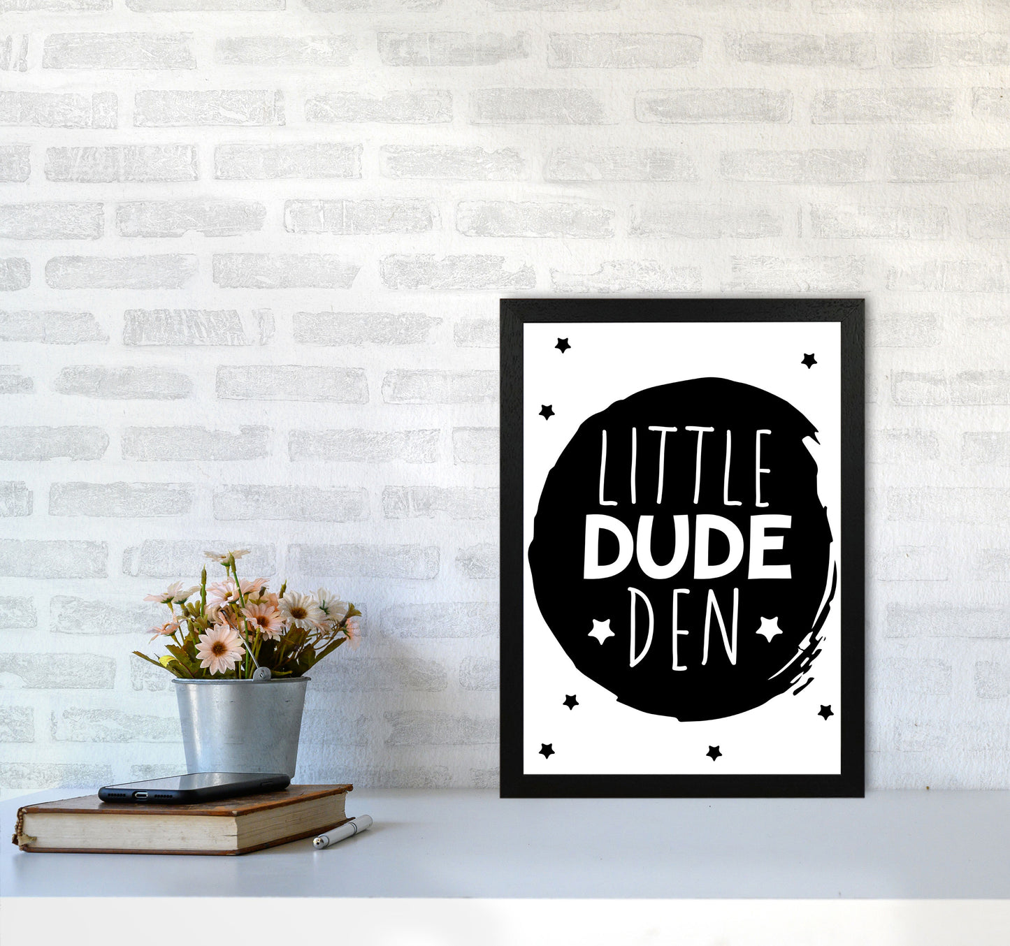 Little Dude Den Black Circle Framed Nursey Wall Art Print A3 White Frame