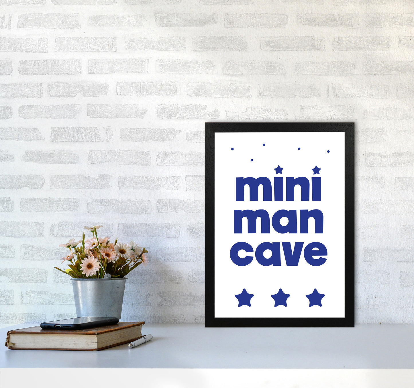 Mini Man Cave Navy Framed Nursey Wall Art Print A3 White Frame