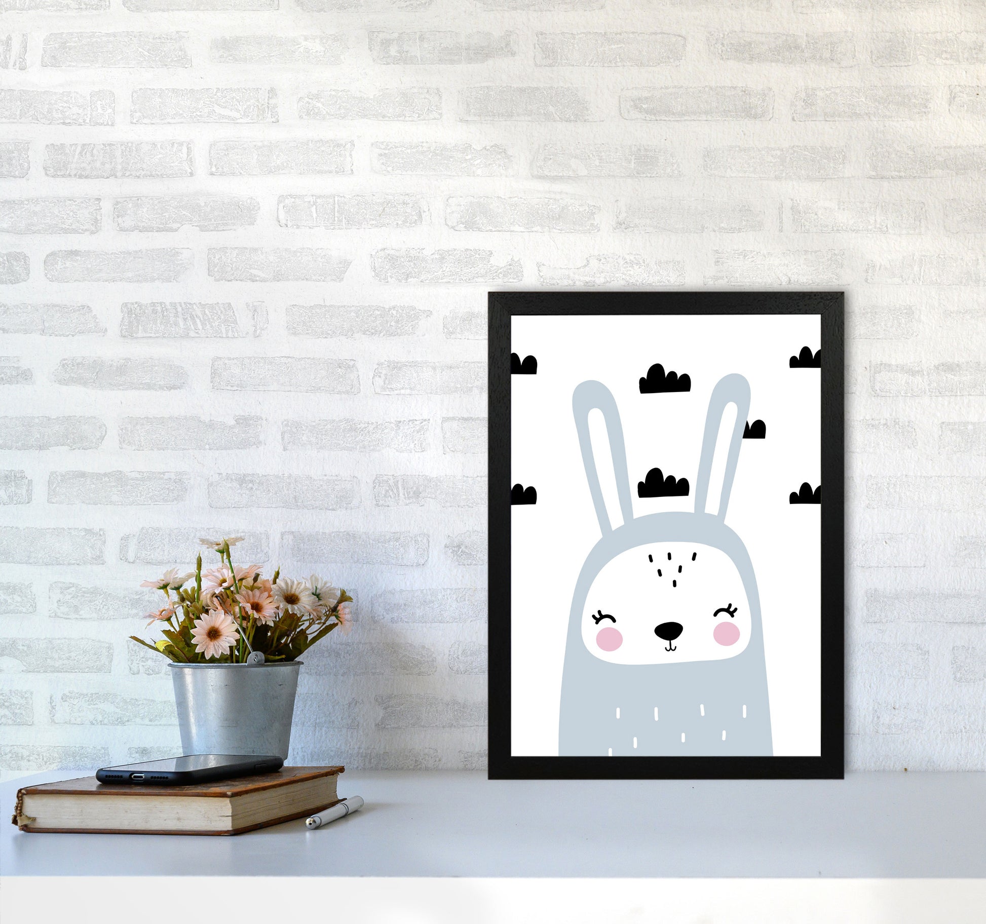 Blue Scandi Bunny With Clouds Modern Print Animal Art Print A3 White Frame