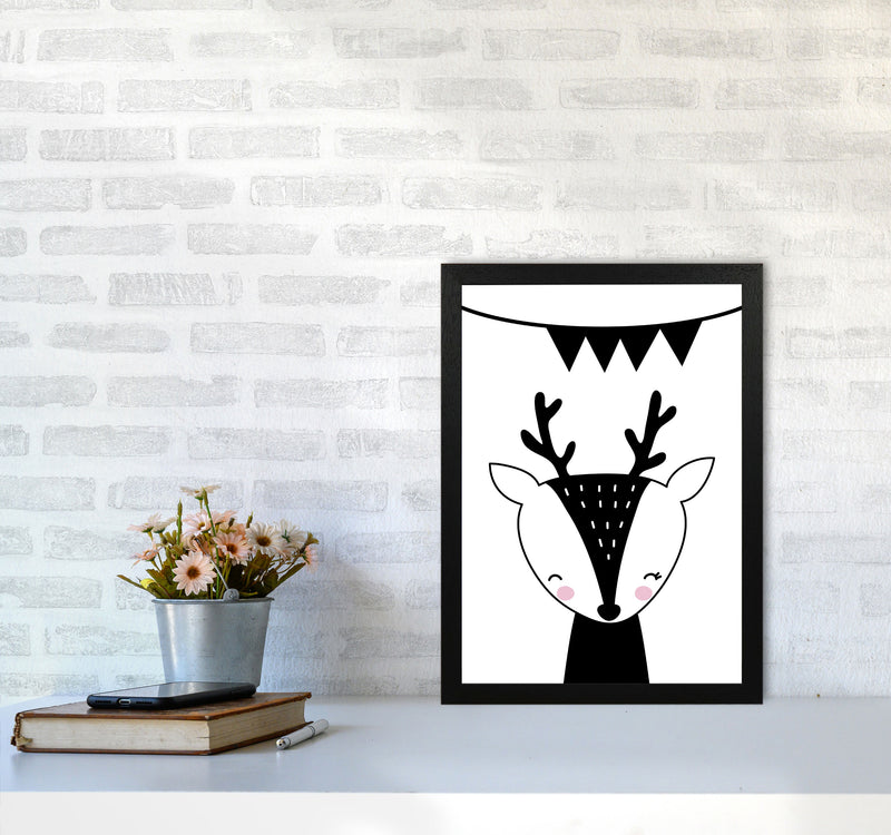 Scandi Black Deer With Banner Framed Nursey Wall Art Print A3 White Frame