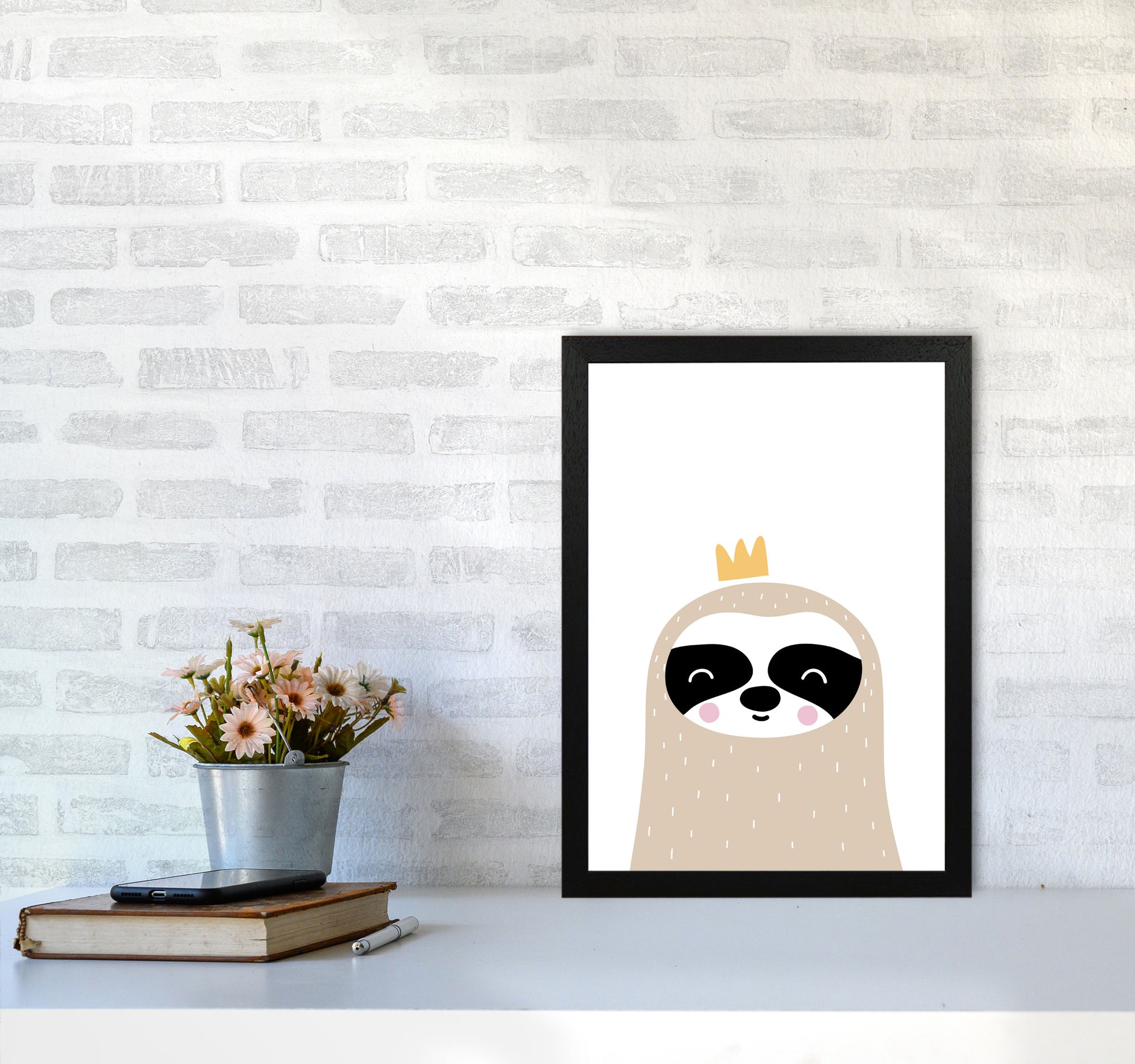 Scandi Sloth With Crown Framed Nursey Wall Art Print A3 White Frame