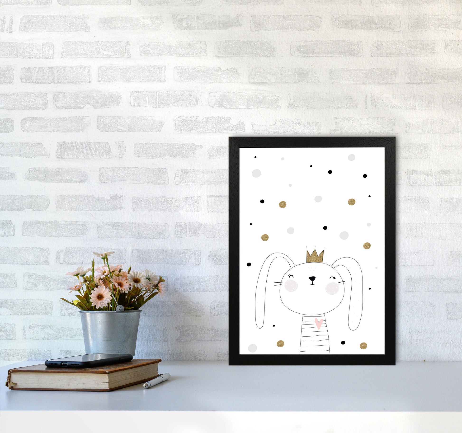 Scandi Cute Bunny With Crown And Polka Dots Modern Print A3 White Frame