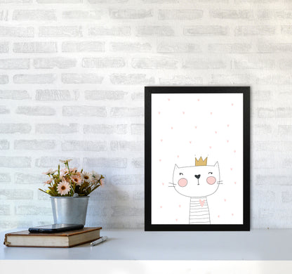 Scandi Cute Cat With Crown And Stars Framed Nursey Wall Art Print A3 White Frame