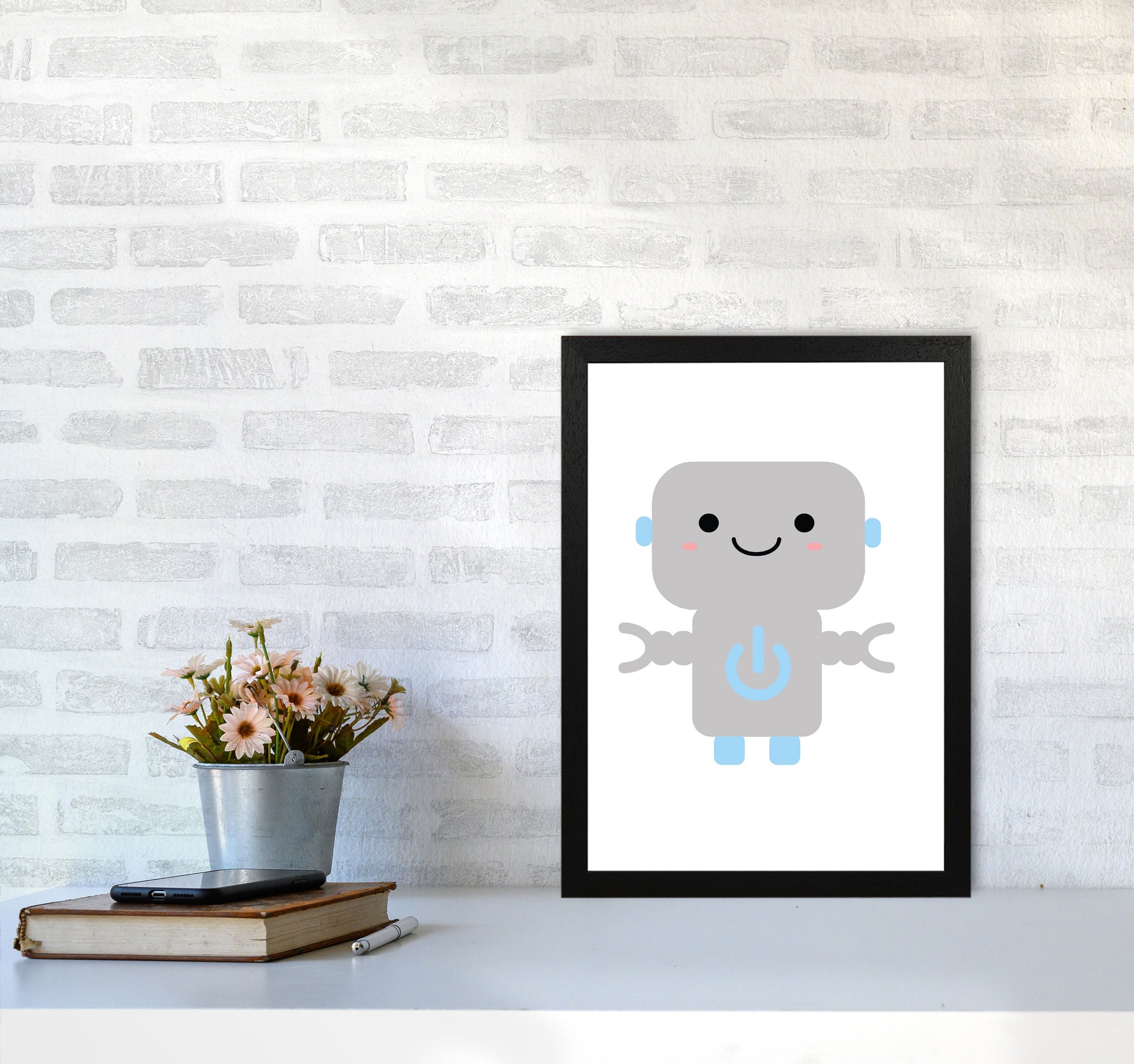 Robot Framed Nursey Wall Art Print A3 White Frame