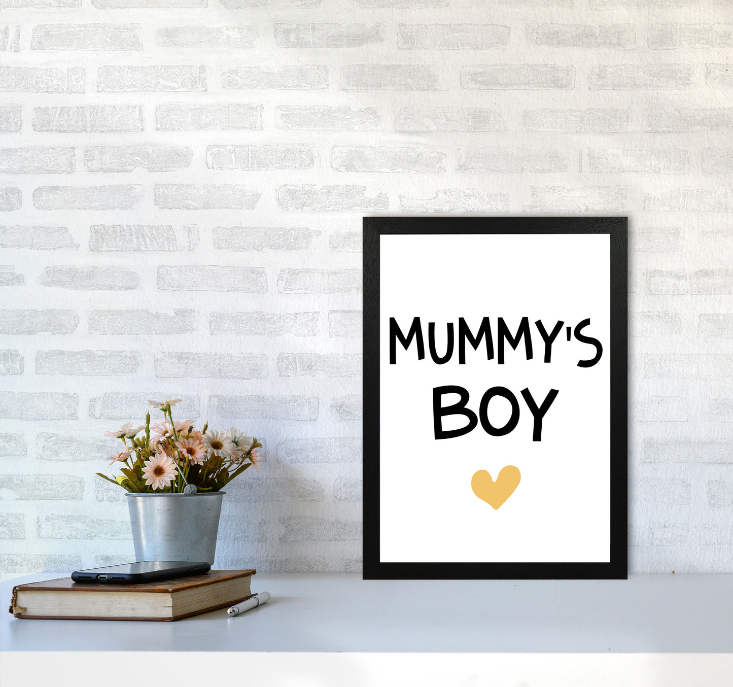 Mummy&#39;s Boy Mustard Framed Nursey Wall Art Print A3 White Frame