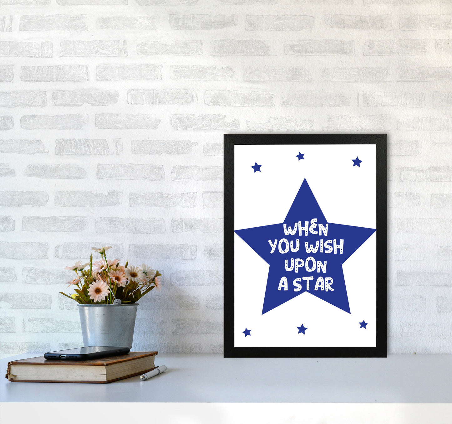 Wish Upon A Star Navy Framed Nursey Wall Art Print A3 White Frame