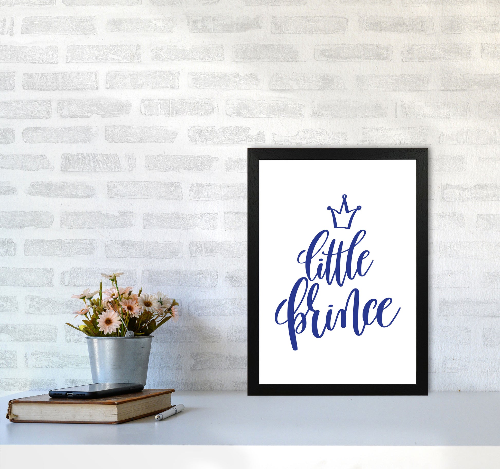 Little Prince Navy Framed Nursey Wall Art Print A3 White Frame