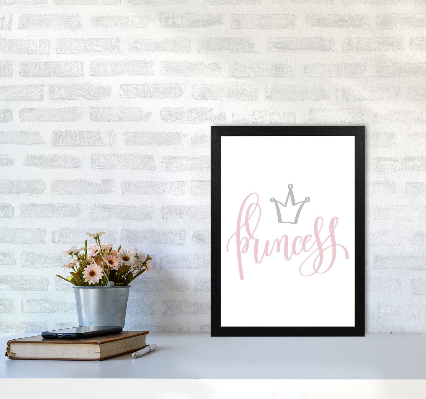 Princess Pink And Grey Framed Nursey Wall Art Print A3 White Frame