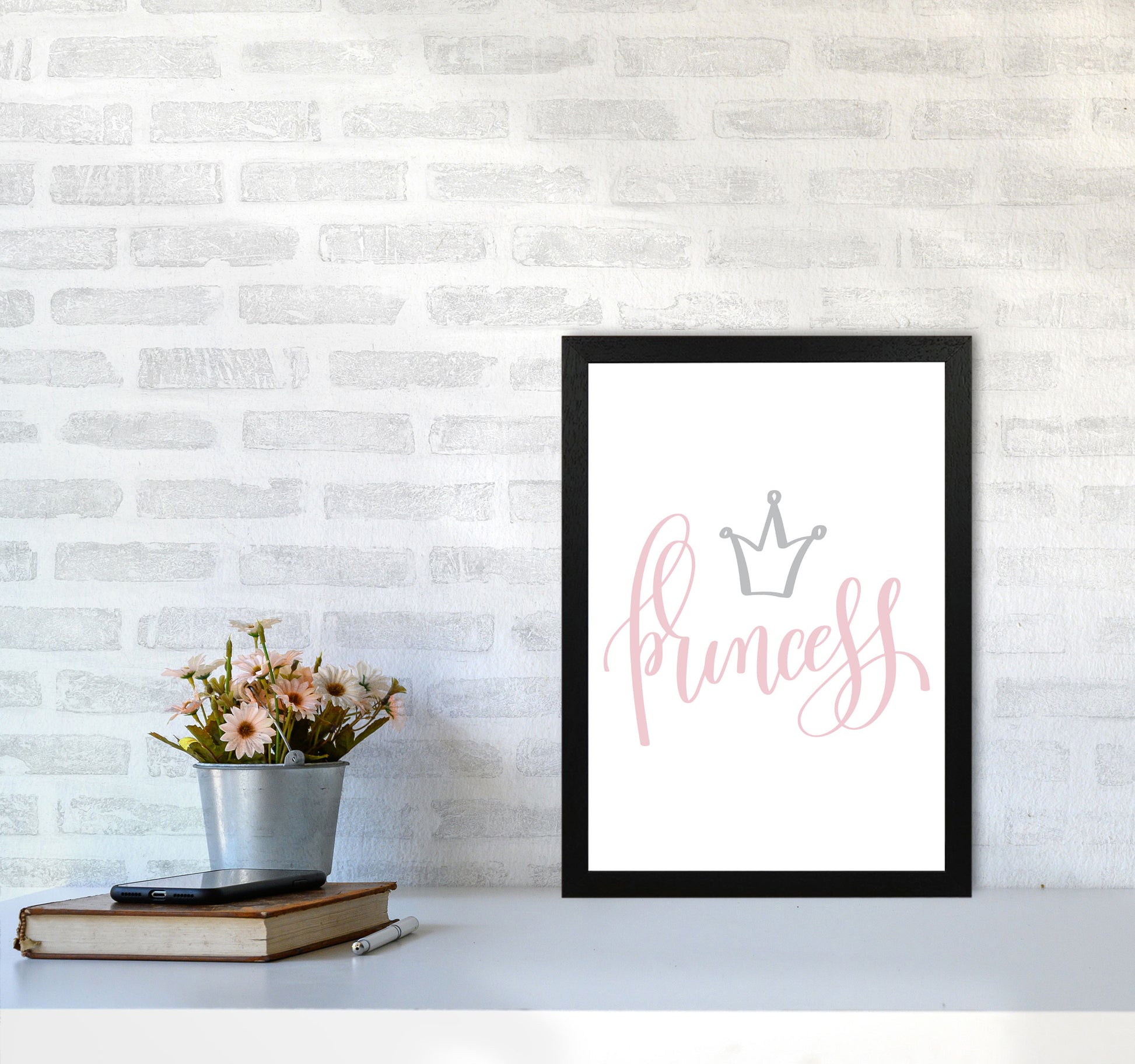 Princess Pink And Grey Framed Nursey Wall Art Print A3 White Frame
