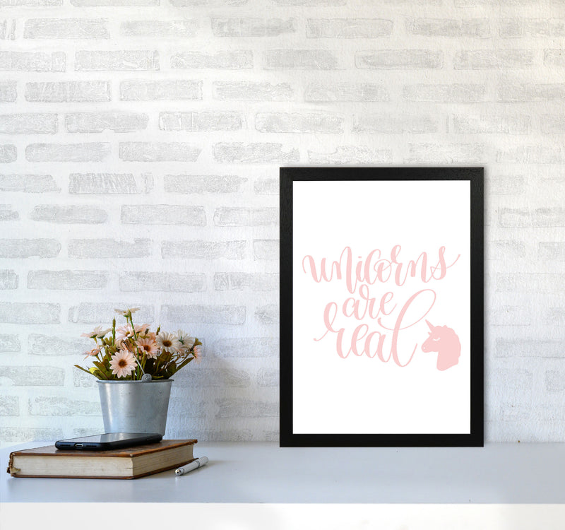 Unicorns Are Real Pink Modern Art Print, Framed Childrens Nursey Poster A3 White Frame