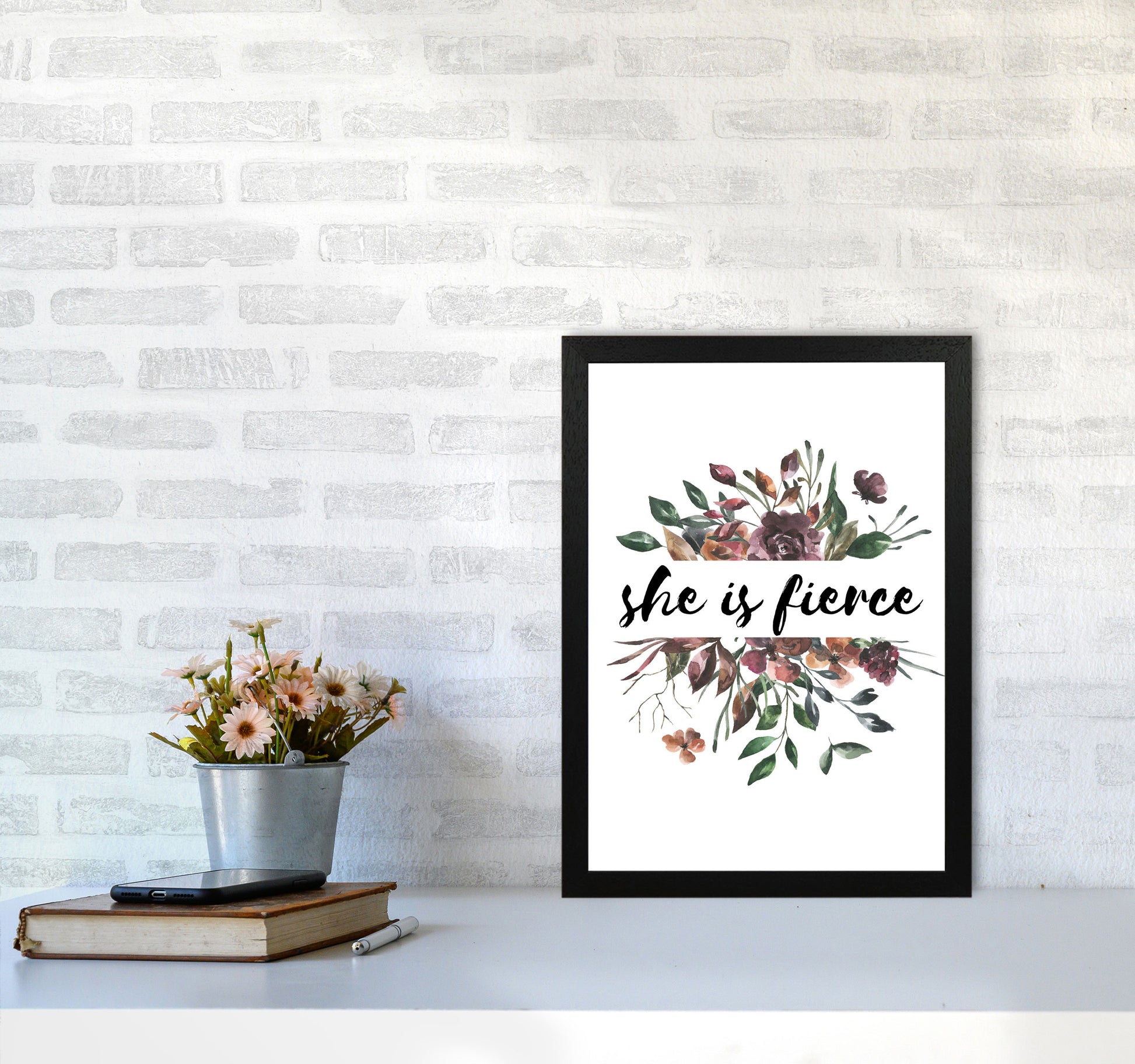 She Is Fierce Mixed Floral Modern Print A3 White Frame