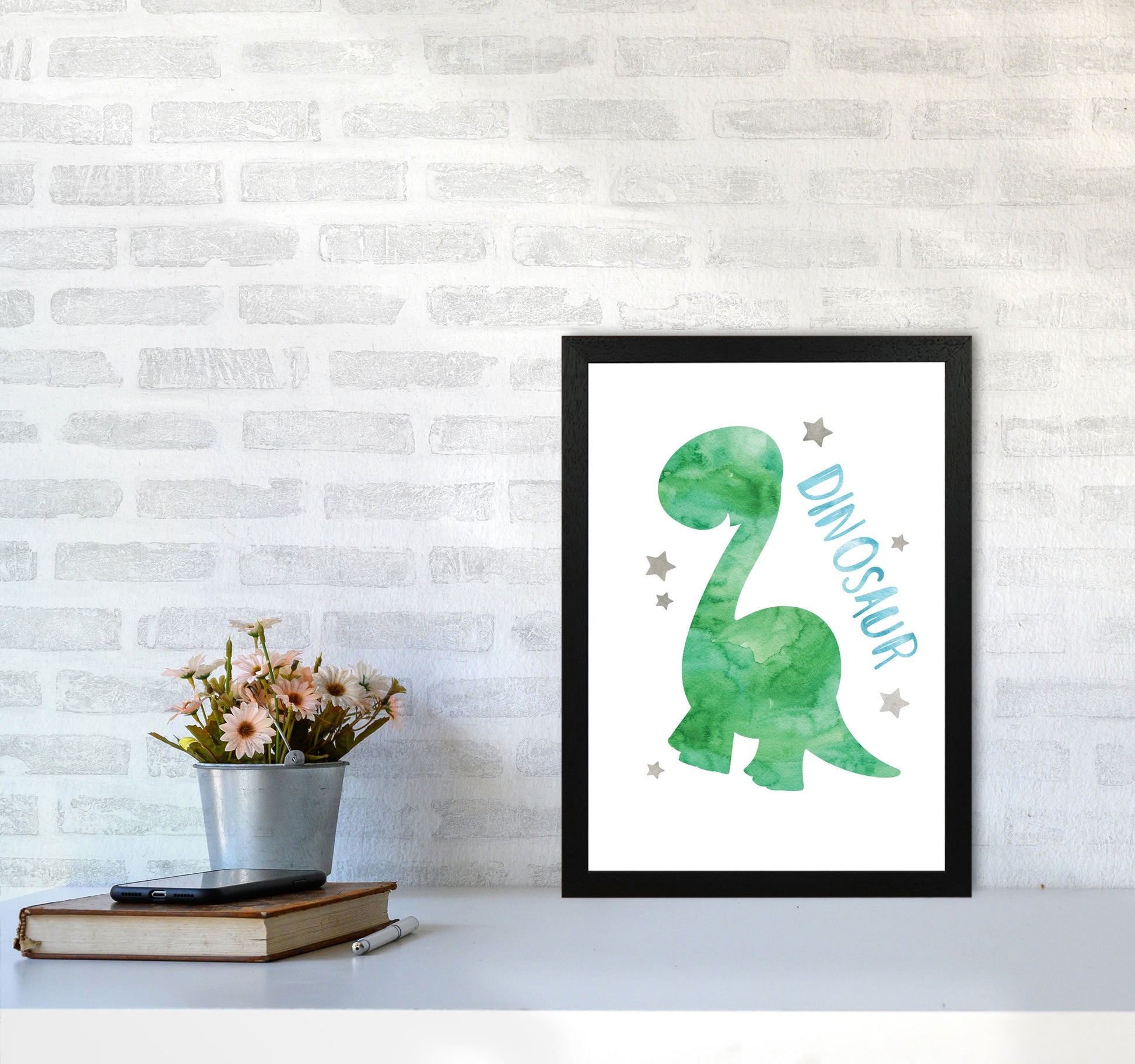 Dinosaur Watercolour Modern Print A3 White Frame