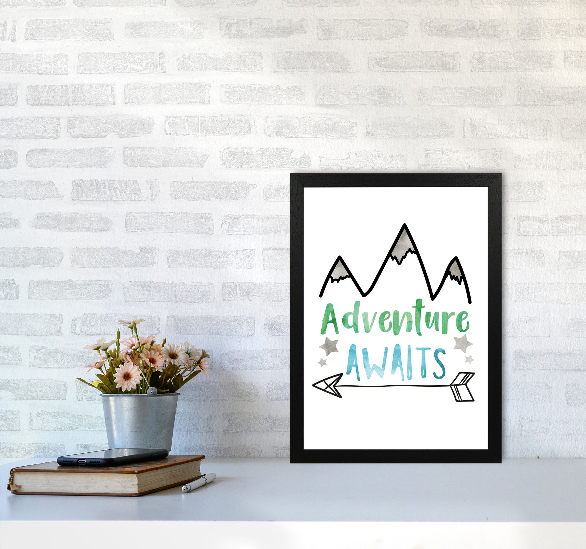 Adventure Awaits Watercolour Modern Print A3 White Frame