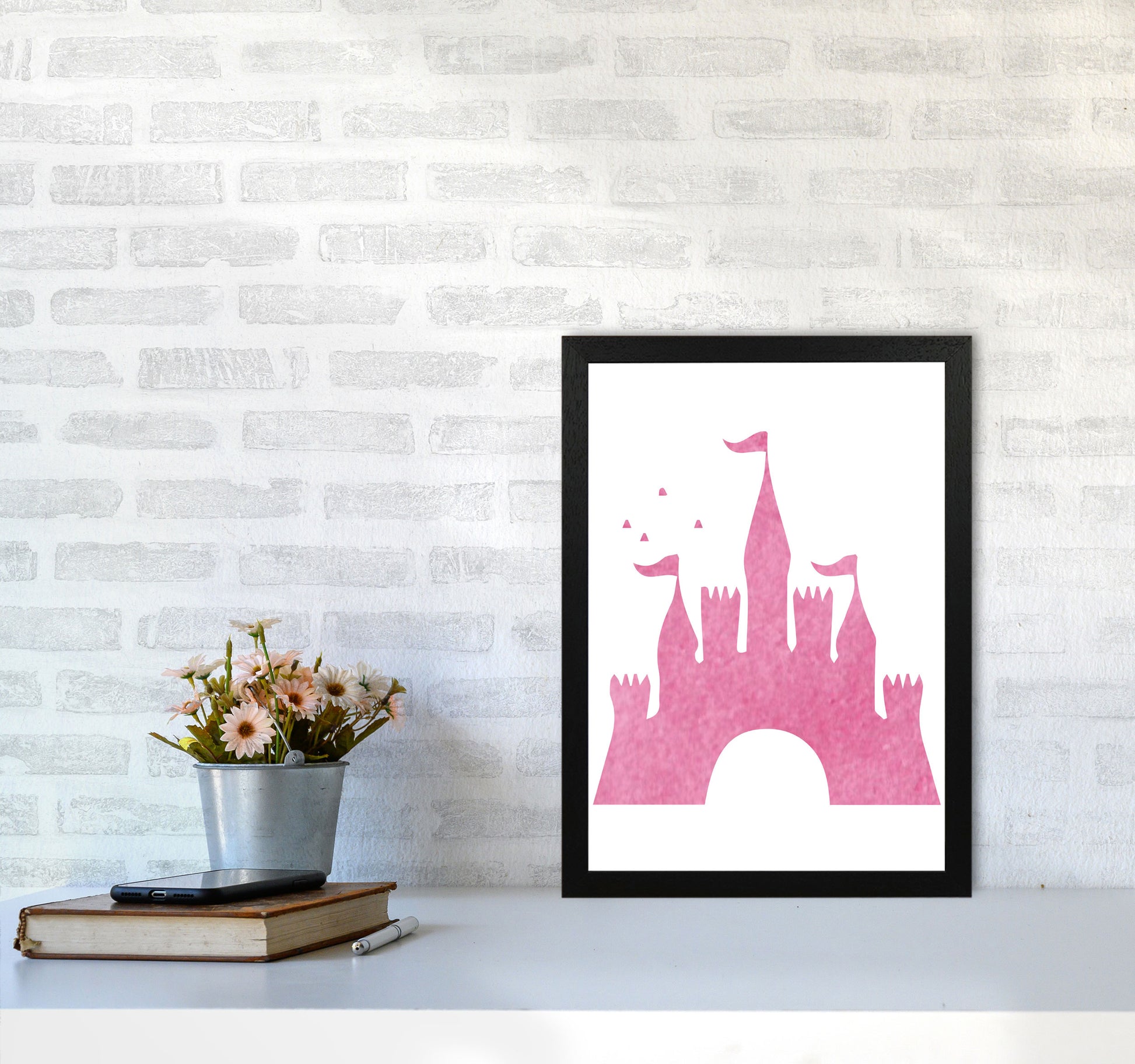 Pink Castle Watercolour Modern Print A3 White Frame