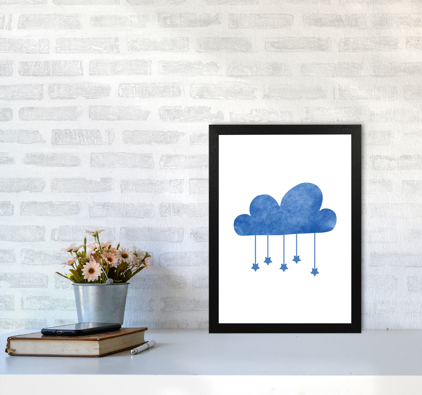 Blue Cloud Watercolour Modern Print A3 White Frame