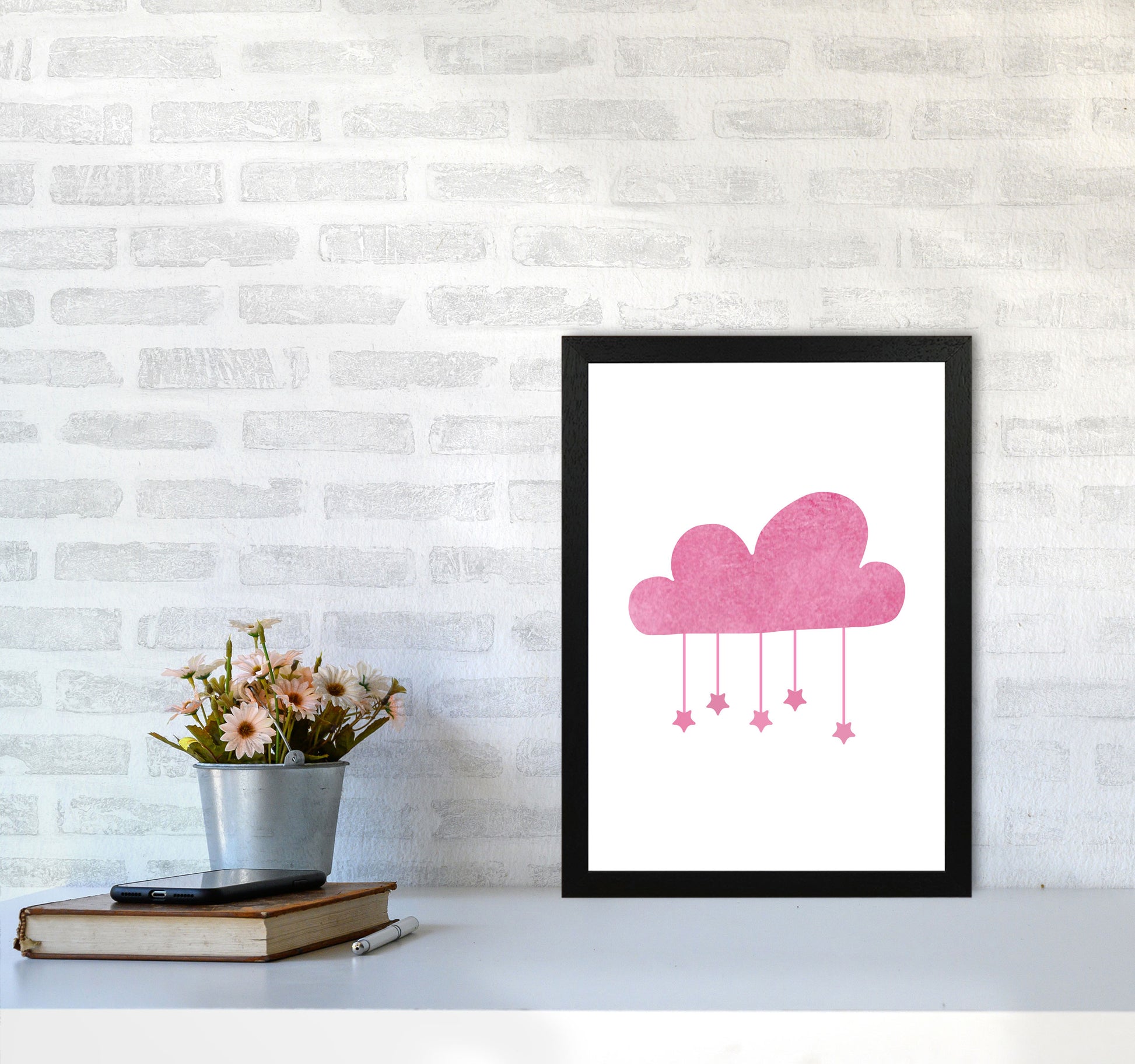 Pink Cloud Watercolour Modern Print A3 White Frame