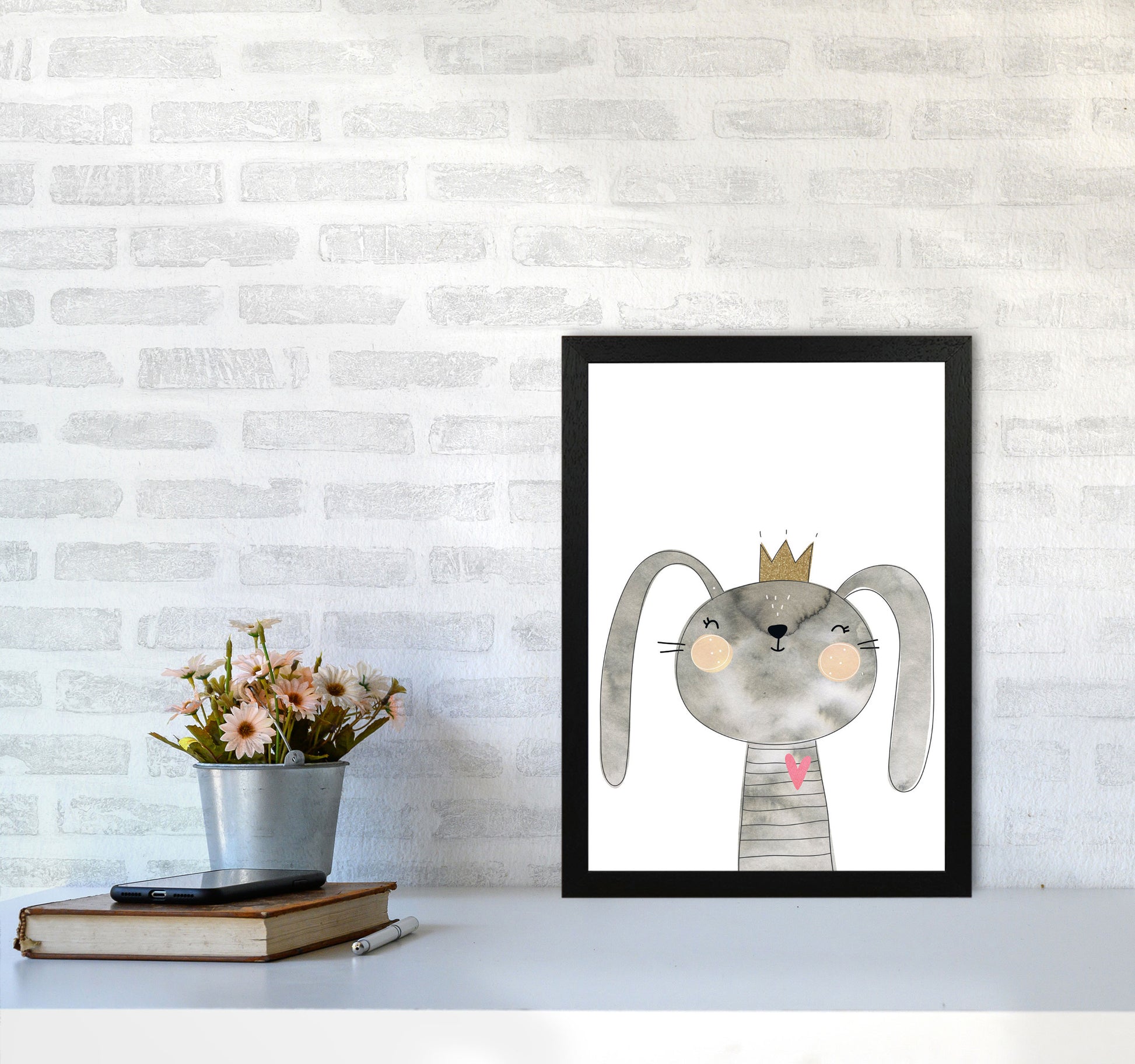 Scandi Grey Bunny Watercolour Framed Nursey Wall Art Print A3 White Frame