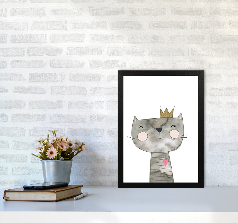 Scandi Grey Cat Watercolour Framed Nursey Wall Art Print A3 White Frame