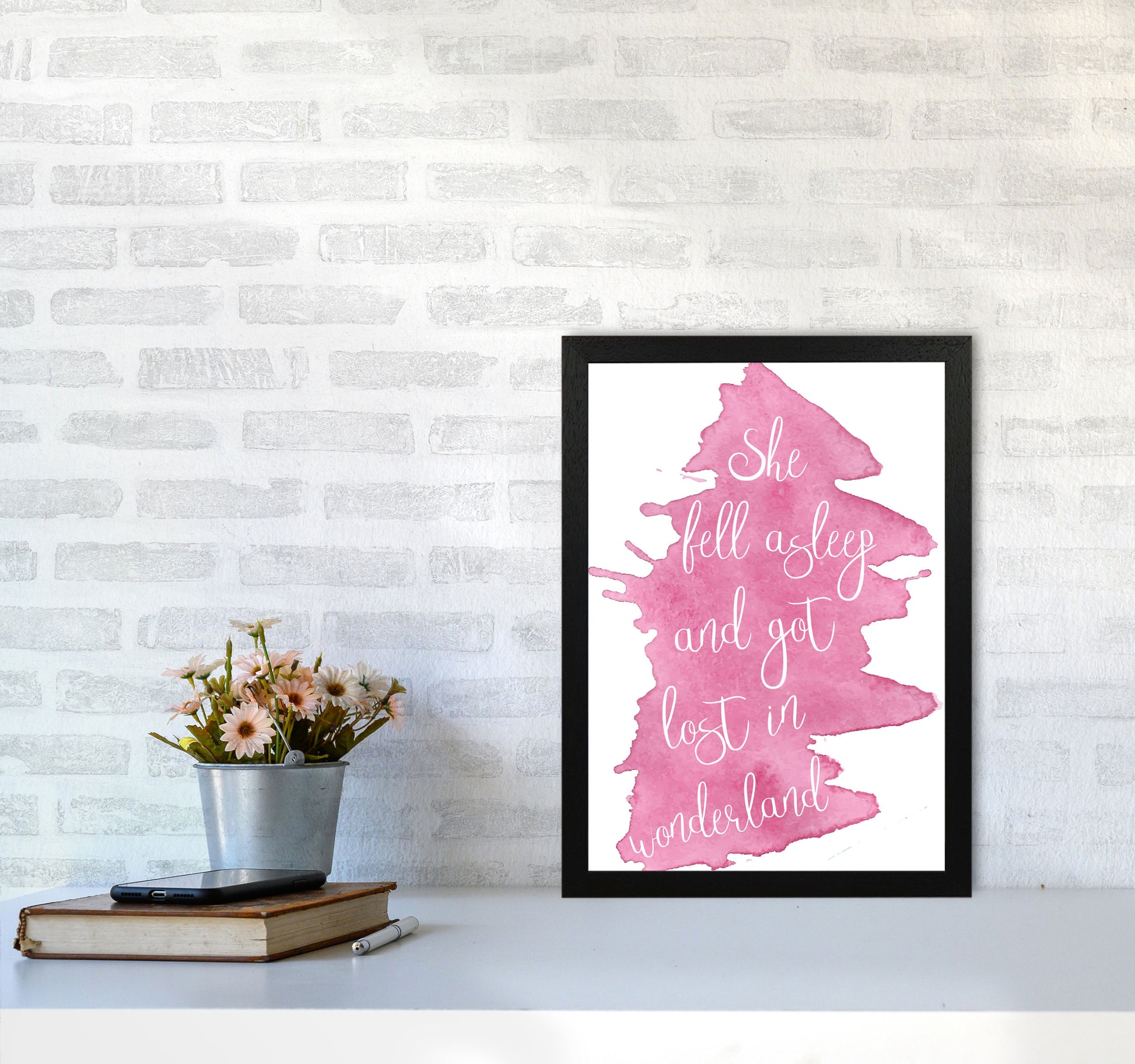 Wonderland Pink Watercolour Modern Print A3 White Frame