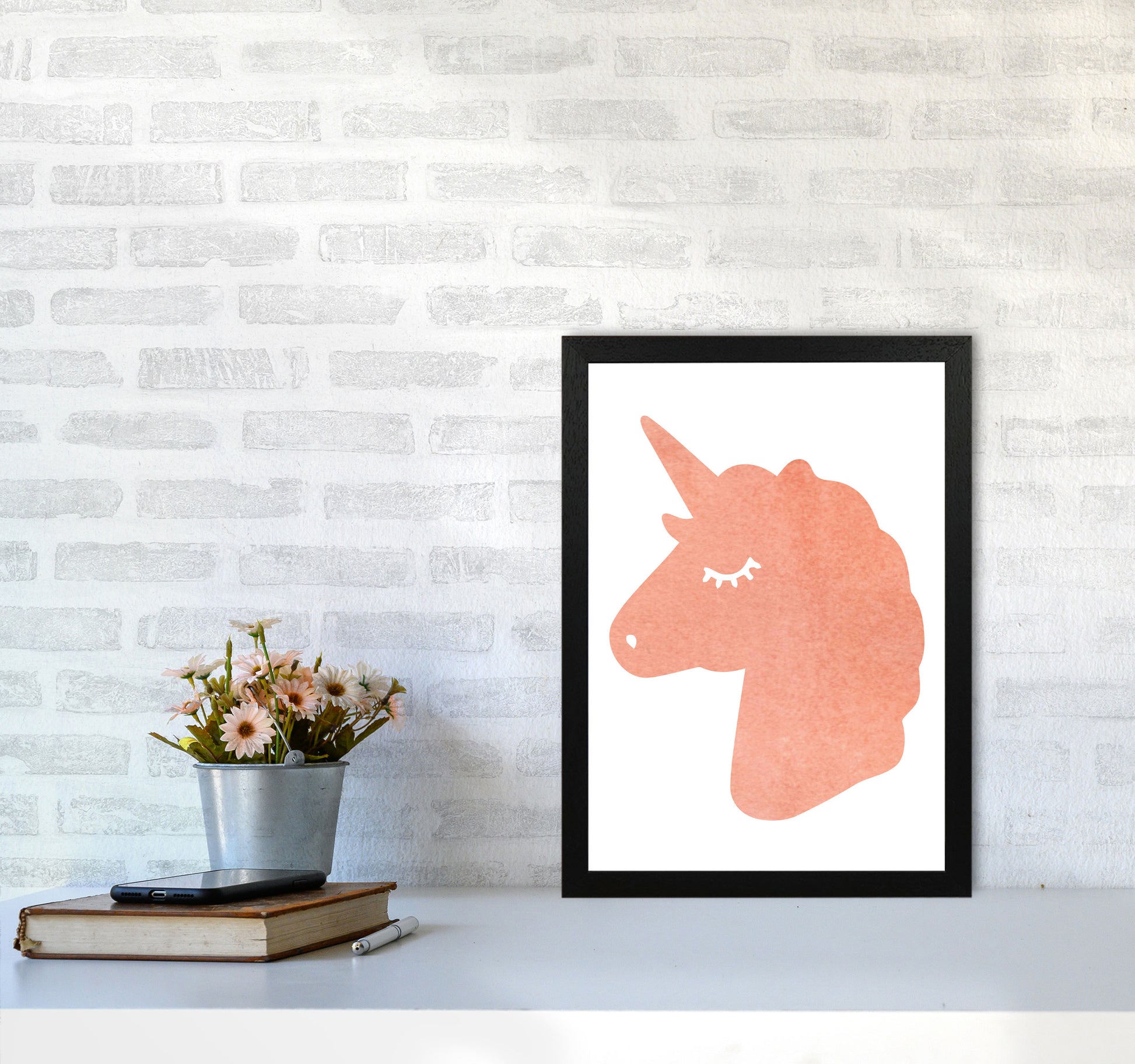 Unicorn Peach Silhouette Watercolour Modern Print A3 White Frame